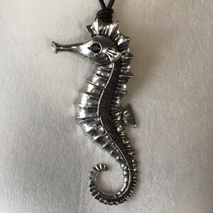 Seahorse Statement Necklace Black Cord Rhinestone Eye Jointed Links Beachy NEW